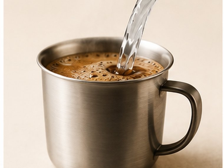 Hot water being poured into a stainless steel tumbler of freshly brewed coffee