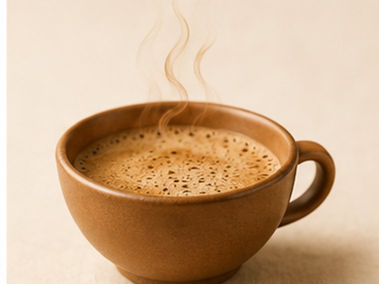 Warm ceramic mug of coffee with rich crema and rising steam